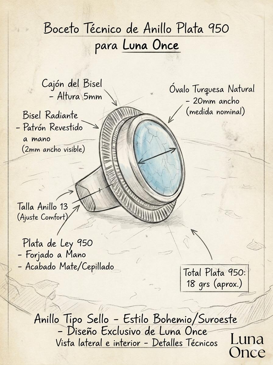 Boceto técnico de anillo tipo sello en plata 950, con anotaciones de bisel, engaste y medidas